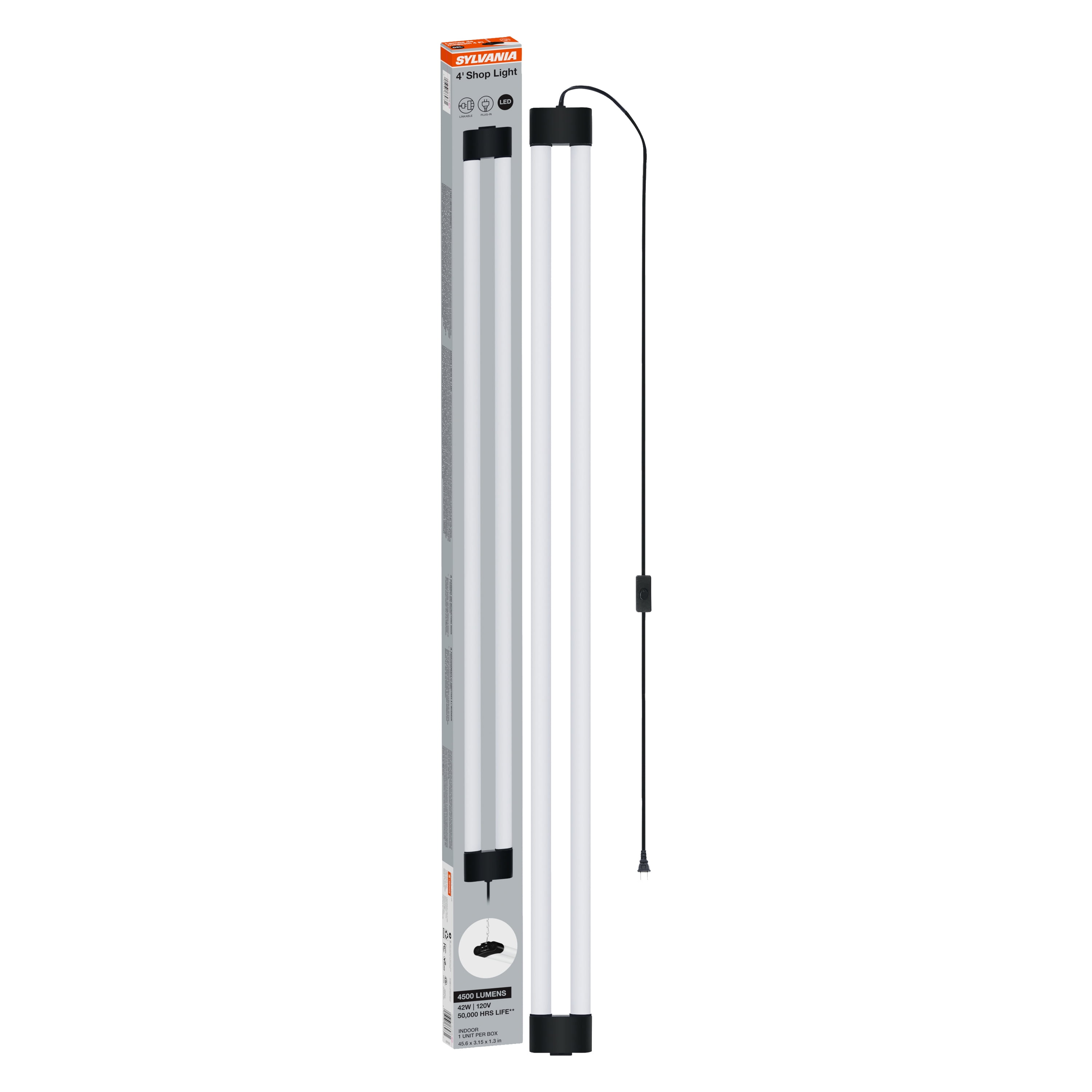 SYLVANIA 4Ft LED Shop Light, 42W, Linkable, Plug-In, 4500 Lumens, 120V, Indoor, Accessories Included - 1 PK