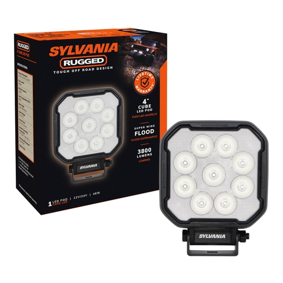 SYLVANIA - Rugged 4 Inch Cube LED Light Pod - Lifetime Limited Warranty - Flood Light 3800 Raw Lumens, Off Road Driving Work Light, Truck, Car, Boat, ATV, UTV, SUV, 4x4 (1 PC)