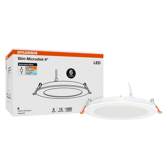 SYLVANIA 6" Slim Microdisk Downlight, 12W, 5 CCT Select (2700K - 5000K), 1000 Lms, 90 CRI, Dimmable, Wet-Rated, White - 6 PK