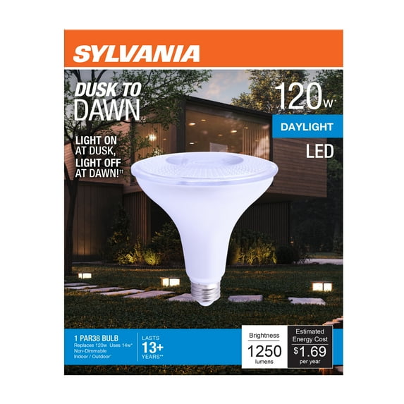 SYLVANIA Dusk to Dawn PAR38 LED Light Bulb with Auto on/off Light Sensor, 120 Watts Eqv, Daylight
