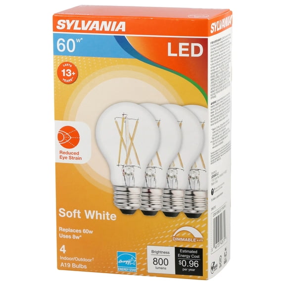 SYLVANIA LED A19 Reduced Eye Strain Light Bulb, 60W, Dim, SW, 4 Pk