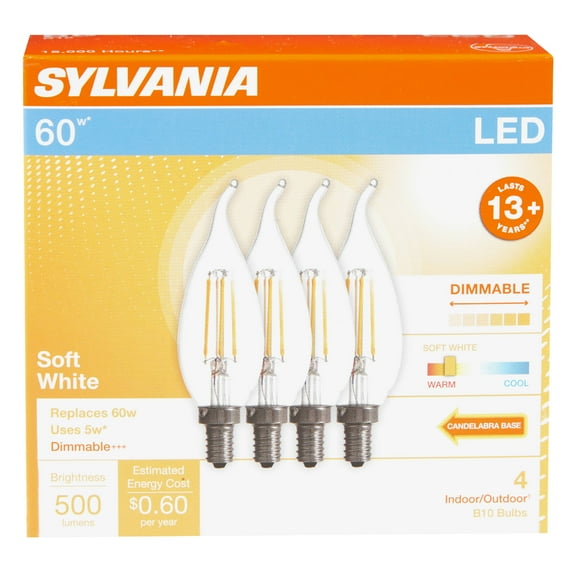SYLVANIA LED B10 Light Bulb, 60 Watt, Dimmable, Soft White, 4 Pack