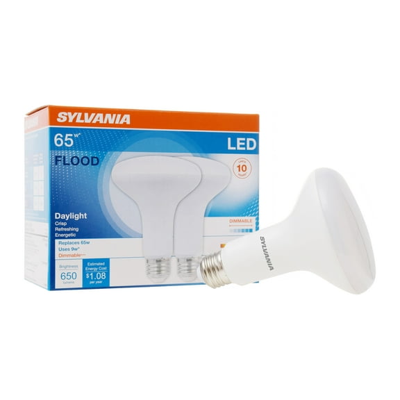 SYLVANIA LED Flood Light Bulb, BR30, 65W, Dimmable, 5000K, Daylight, 2 Pack