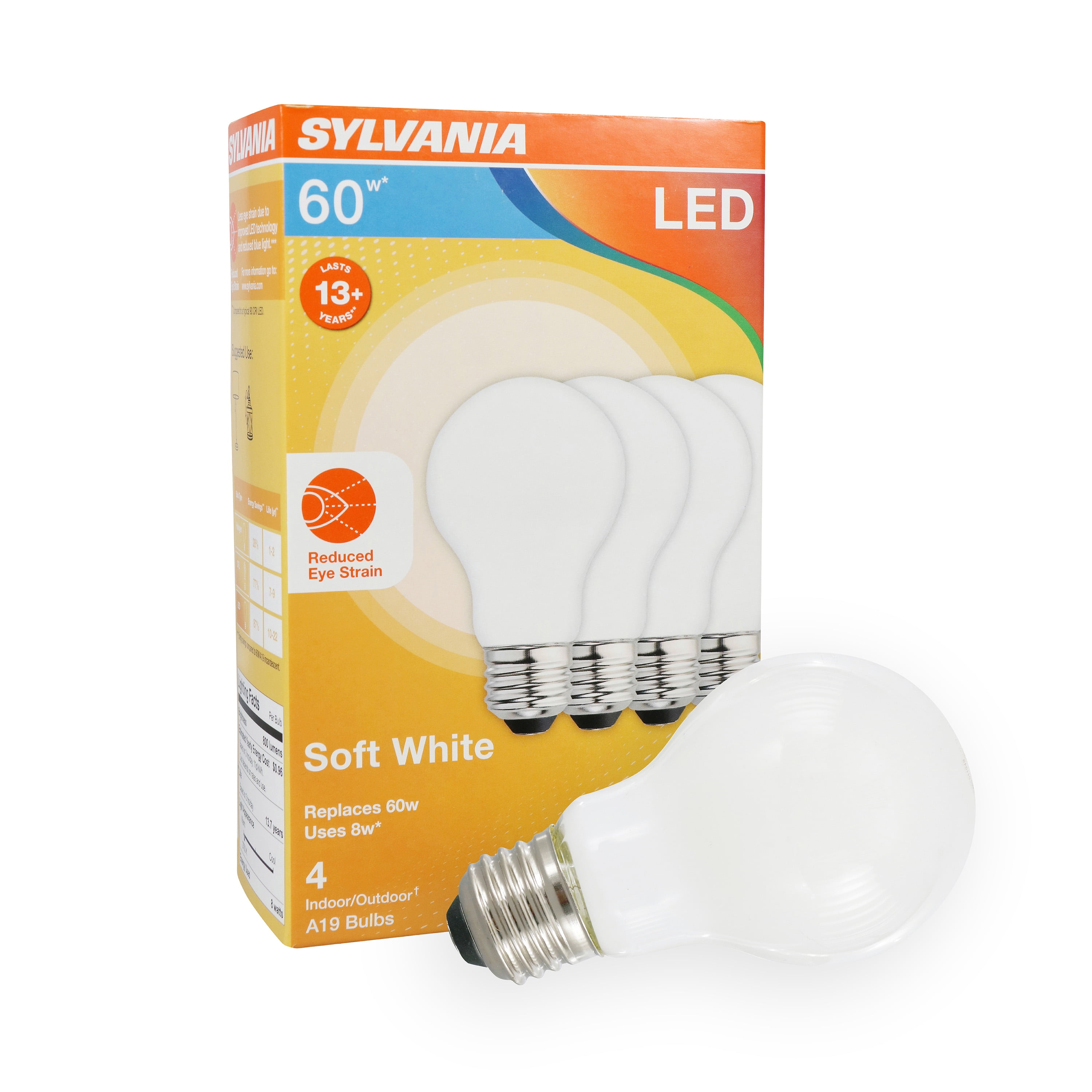 SYLVANIA LED Reduced Eye Light Bulb, A19, 8W, 2700K, Dimmable, Soft White, 4 Pack - Walmart.com