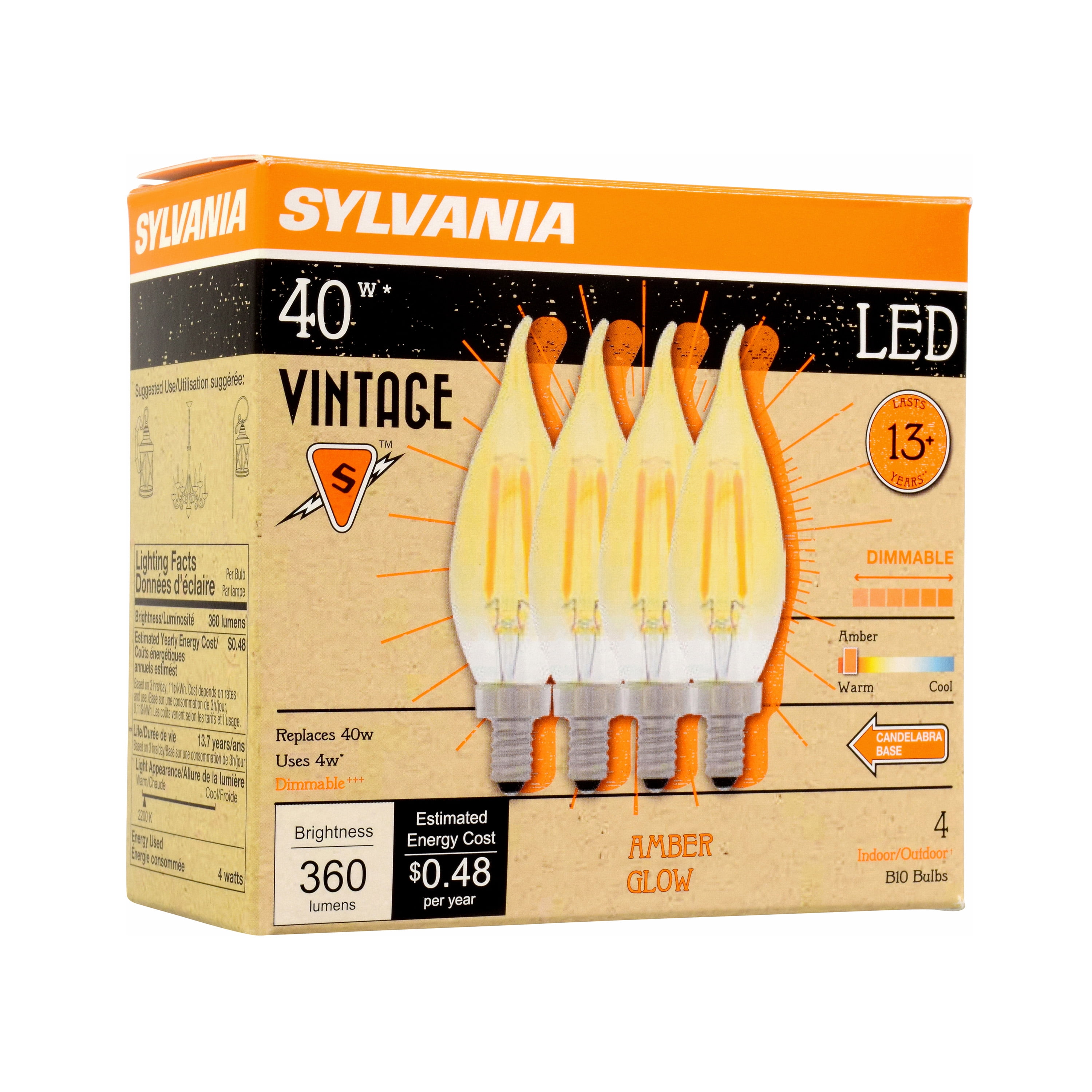 SYLVANIA LED Vintage Light Bulb, B10, 4W, Dimmable, 2175K, Amber Glow, 4 Pack