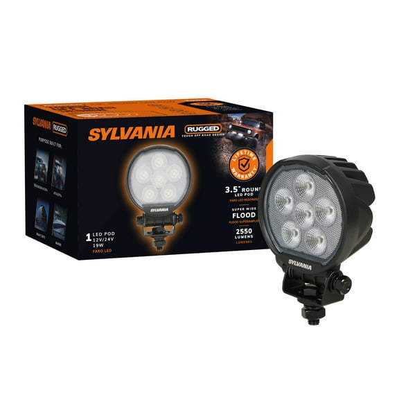 SYLVANIA - Rugged 3.5 Inch Round LED Light Pod - Lifetime Limited Warranty - Flood light 2550 Raw Lumens - Waterproof IP69K-Rated - Off Road Driving Work Light - for Truck, Car, Boat, ATV, 4x4 (1 PC)