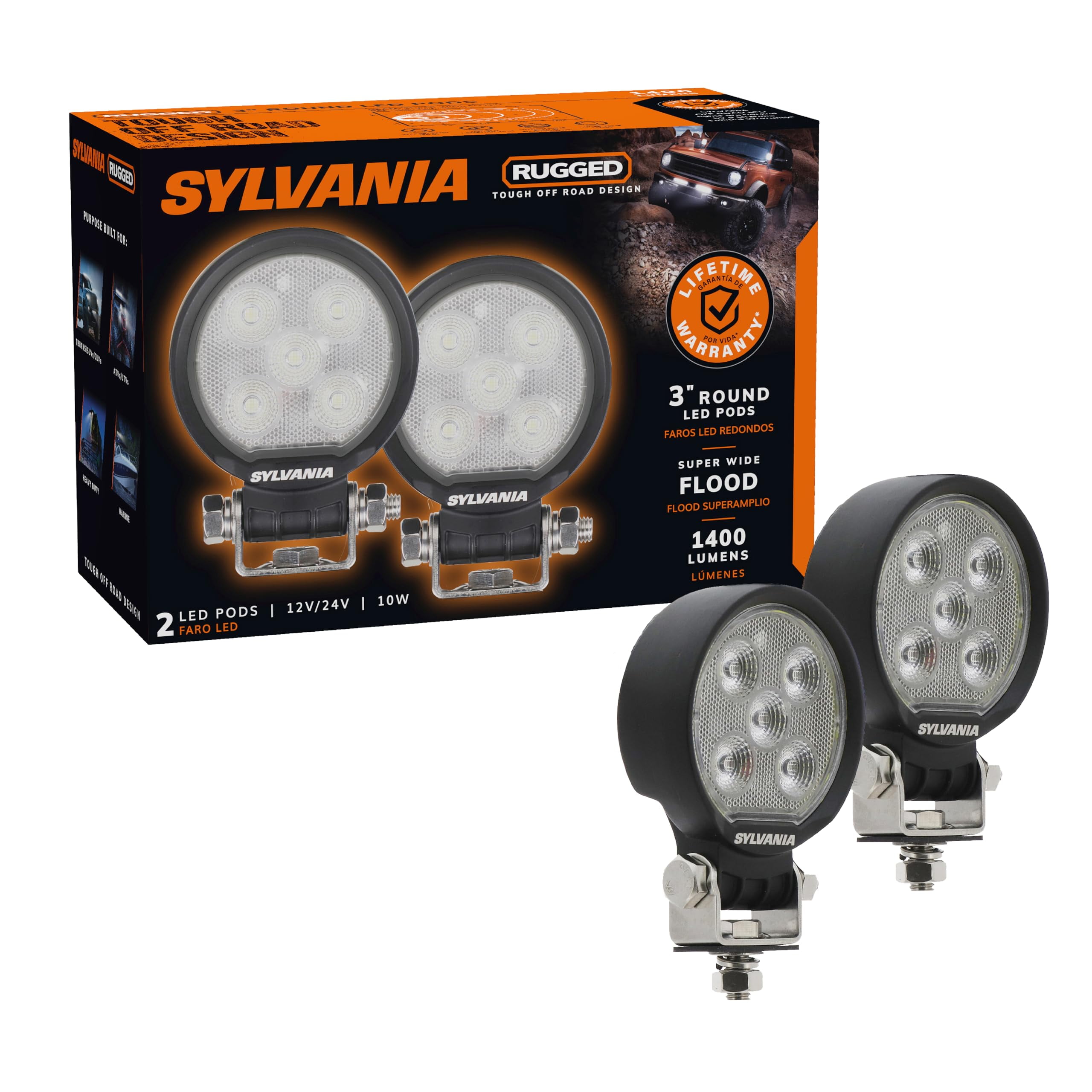 SYLVANIA Rugged 3 Inch Round LED Light Pods - Flood Light 1400 Raw Lumens, Off Road Driving Work Light, Truck, Boat, Tractor, ATV, UTV, SUV, 4x4 (2 PC)