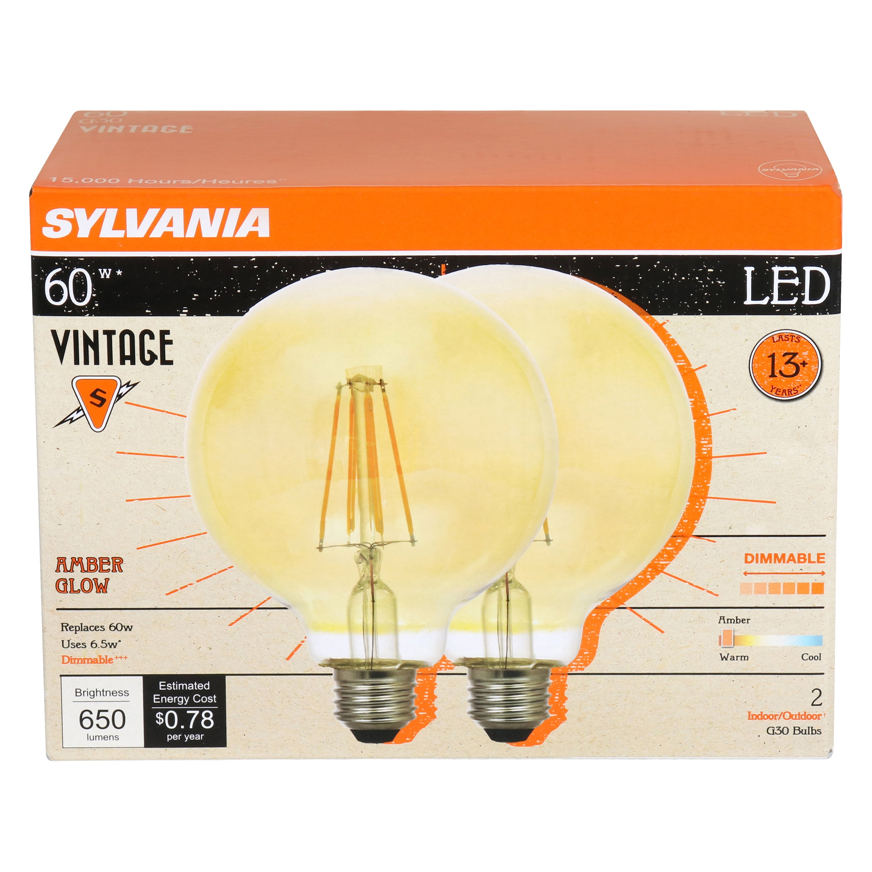 Sylvania LED G30 60 Watt Light Bulb, Dimmable, Vintage, Soft White, 2 Pack