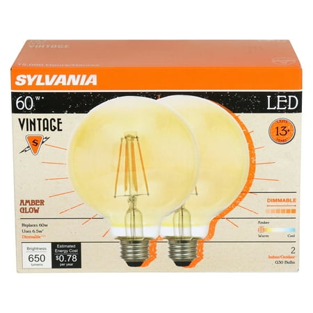 Sylvania LED G30 60 Watt Light Bulb, Dimmable, Vintage, Soft White, 2 Pack
