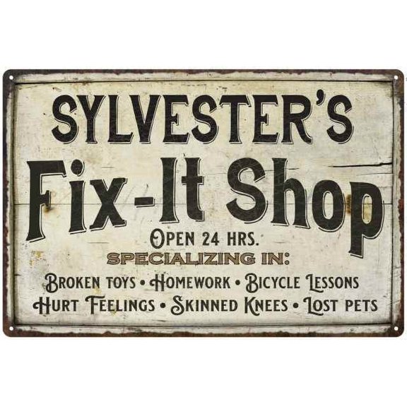 SYLVESTER'S Fix-It Shop Sign Grandpa Dad Decor Gift 12x18 Metal 112180006399