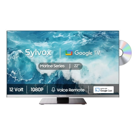 SYLVOX 12 Volt TV, 22" Smart TV with DVD Player, 1080P Newest Google TV Support Download APPs with Google Assistant, AC/DC Powered TV for RV Camper Boat CoastalHome (Marine 2024)