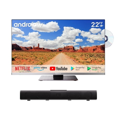 SYLVOX 12 Volt TV with Soundbar, 22" RV TV with DVD Player, 1080P Android Smart TV, AC/DC Powered Frameless TV for RV Camper Boat Coastal Home (Limo Series)