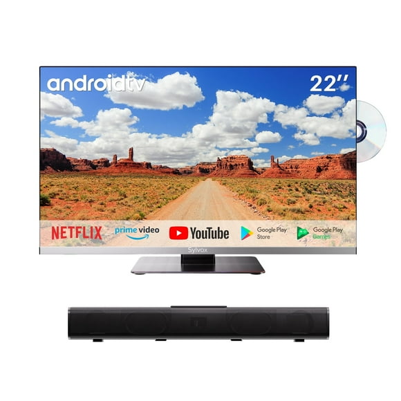SYLVOX 12 Volt TV with Soundbar, 22" RV TV with DVD Player, 1080P Android Smart TV, AC/DC Powered Frameless TV for RV Camper Boat Coastal Home (Limo Series)