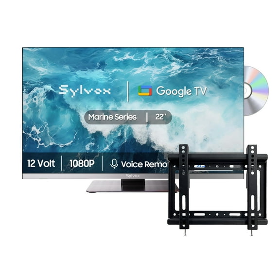 SYLVOX 12 Volt TV with TV Mount, 22" RV TV with DVD Player, 1080P Newest Google TV, AC/DC Powered Frameless TV for RV Camper Boat Coastal Home (Marine 2024)
