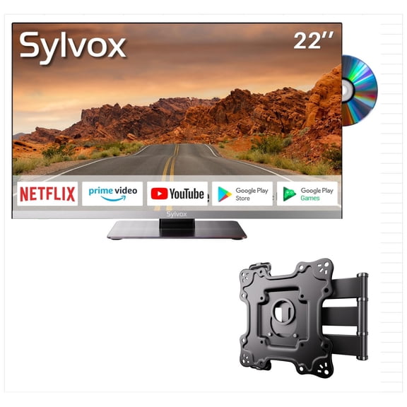 SYLVOX 22" Frameless RV TV with Wall Mount, 12 Volt TV with Built-in DVD Player, 1080P Google TV ATSC NTSC WiFi Bluetooth HDMI USB, AC/DC Powered, for RV Camper Van (Limo Series)