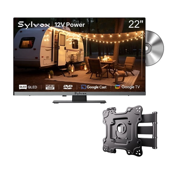 SYLVOX 22" Frameless RV TV with Wall Mount, 12 Volt TV with Built-in DVD Player, 1080P Google TV ATSC NTSC WiFi Bluetooth HDMI USB, AC/DC Powered, for RV Camper Van (Limo QLED)