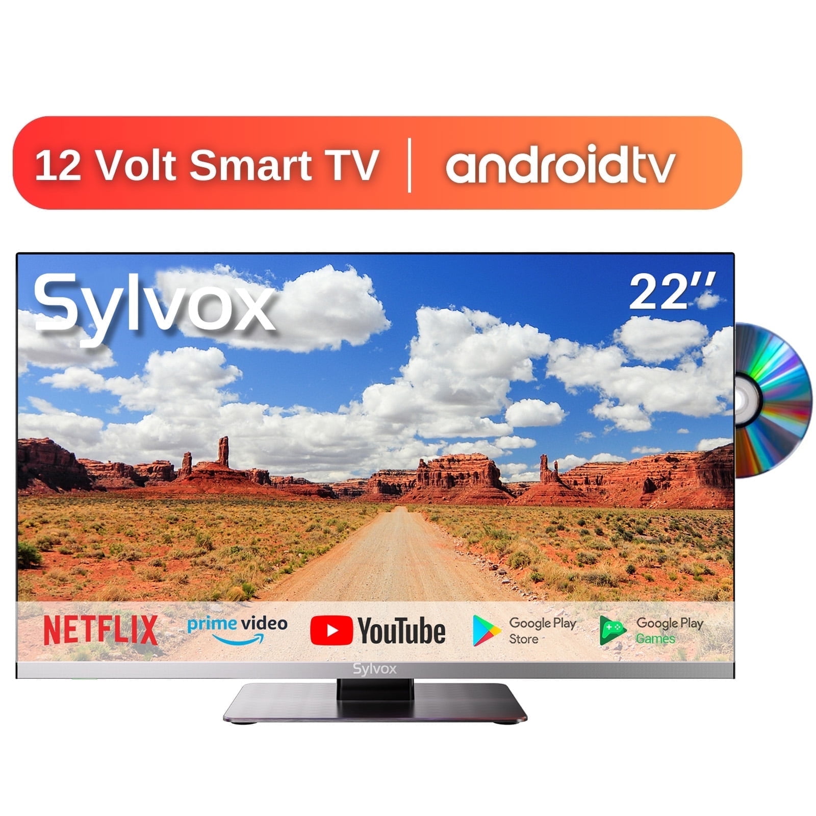 SYLVOX 22 inch Smart RV T, 12 Vot V with DVD Player, 1080P FHD Smart Android Tv, Free Download Apps, Support Wif Bluetoot (Limo Series)