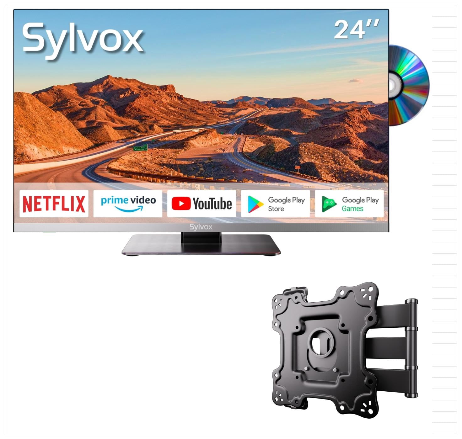 SYLVOX 24" Frameless RV TV with Wall Mount, 12 Volt TV with Built-in DVD Player, 1080P Google TV ATSC NTSC WiFi Bluetooth HDMI USB, AC/DC Powered, for RV Camper Van (Limo Series)