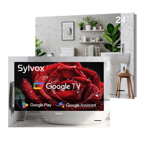 Sylvox 24" Bathroom TV, Smart Mirror Television with Google TV OS, 1080P HDR10 500nits, NTSC,ATSC,IP66 Weatherproof for Bathtub Shower, Embedded