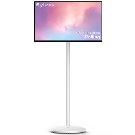 SYLVOX 27" Rolling TV, Large Tablet on Wheel, 1080p TouchScreen, 10000mAh Battery, Android 14, 8GB RAM+128GB, Voice Remote, Dual 10W Speakers, Full Swivel, White