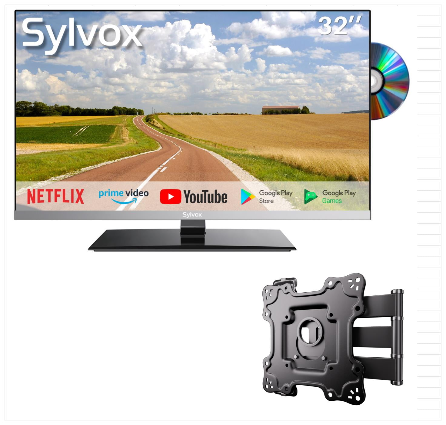 SYLVOX 32" Frameless RV TV with Wall Mount, 12 Volt TV with Built-in DVD Player, 1080P Google TV ATSC NTSC WiFi Bluetooth HDMI USB, AC/DC Powered, for RV Camper Van (Limo Series)