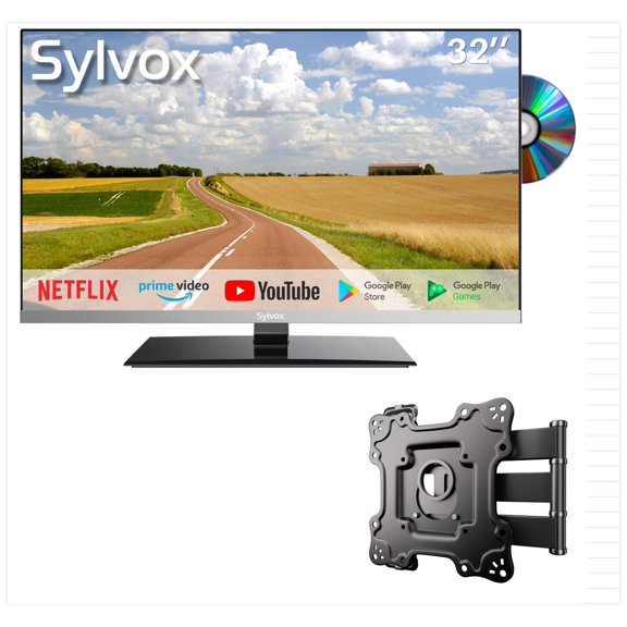 SYLVOX 32" Frameless RV TV with Wall Mount, 12 Volt TV with Built-in DVD Player, 1080P Google TV ATSC NTSC WiFi Bluetooth HDMI USB, AC/DC Powered, for RV Camper Van (Limo Series)