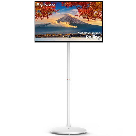 SYLVOX 32" Rolling Smart TV, 1080p Touchscreen, Android 14, 8GB+128GB, 10000mAh Battery, Voice Remote, Dual 10W Speakers, White