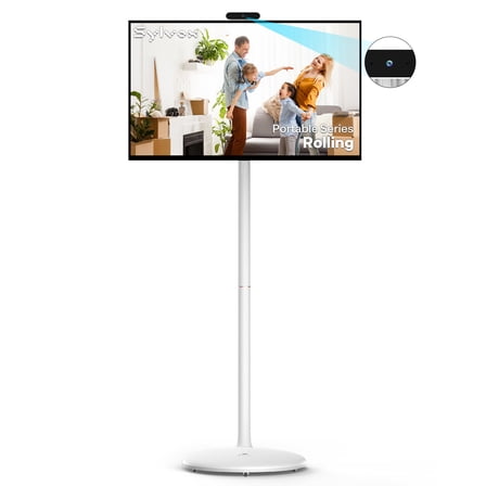 SYLVOX 32" Rolling TV with Camera, Large Tablet on Wheel, 1080p TouchScreen, 10000mAh Battery, Android 14, 8GB RAM+128GB, Voice Remote, Dual 10W Speakers, Full Swivel, White