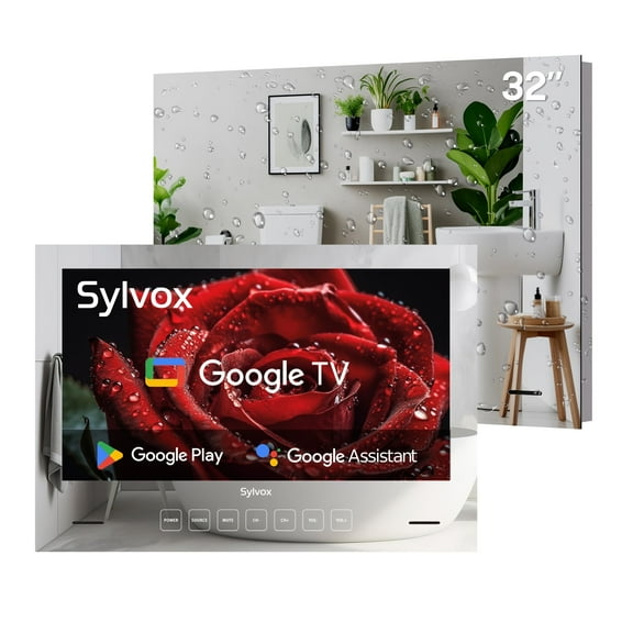 SYLVOX 32 inch Smart Bathroom TV, Newest Magic Mirror TV for Bathroom, Google System NTSC & ATSC Tuner, IP66 Waterproof TV, 1080P 500nits, Dual Front Speakers, Support WiFi Bluetooth (Embedded)