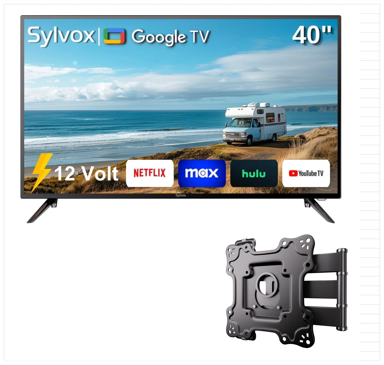 SYLVOX 40" Smart RV TV with Wall Mount, 12 Volt TV 1080P Google TV ATSC NTSC WiFi Bluetooth HDMI USB, AC/DC Powered, for RV Camper Van (Vehicle Series)
