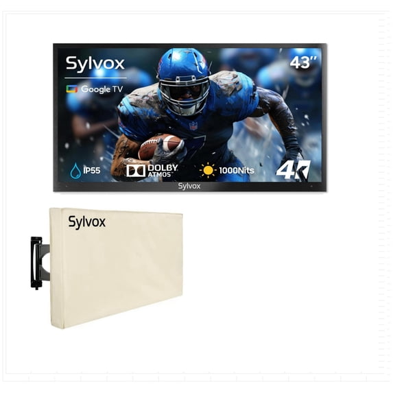 SYLVOX 43" Outdoor TV with Cover, IP55 Weatherproof TV Partial Sun 1000nit Brightness, 4K UHD, Google OS, Dolby Atmos, Voice Remote (Deck Pro 3.0)