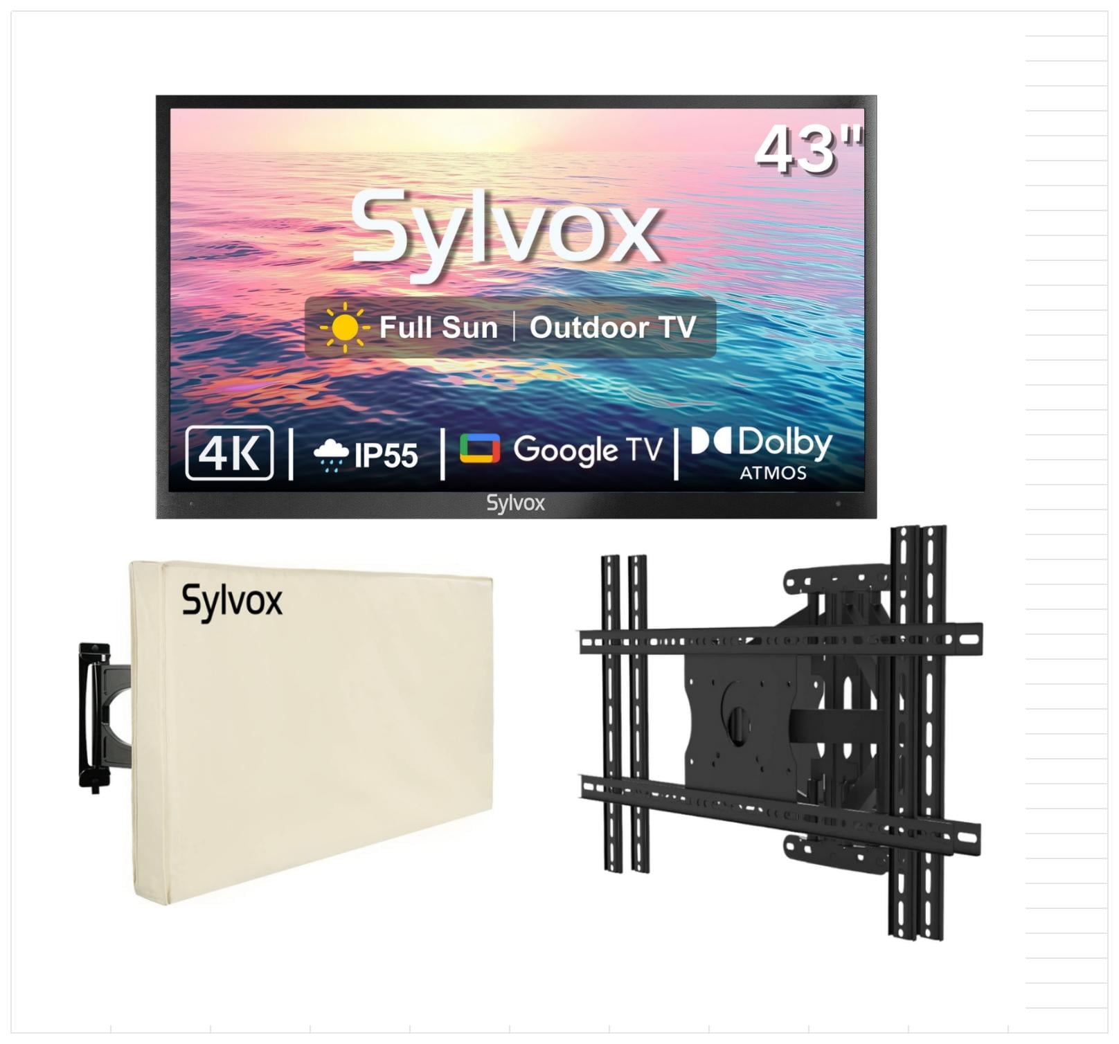 SYLVOX 43" Full Sun Outdoor TV with Mount and Cover, IP55 Weatherproof TV 2000nit Brightness, 4K UHD, Google OS, Dolby Atmos, Voice Remote (Pool Pro 2.0)