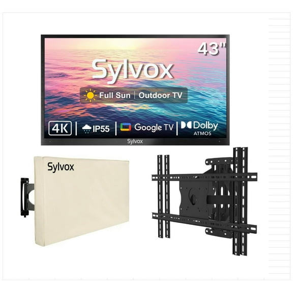 SYLVOX 43" Full Sun Outdoor TV with Mount and Cover, IP55 Weatherproof TV 2000nit Brightness, 4K UHD, Google OS, Dolby Atmos, Voice Remote (Pool Pro 2.0)