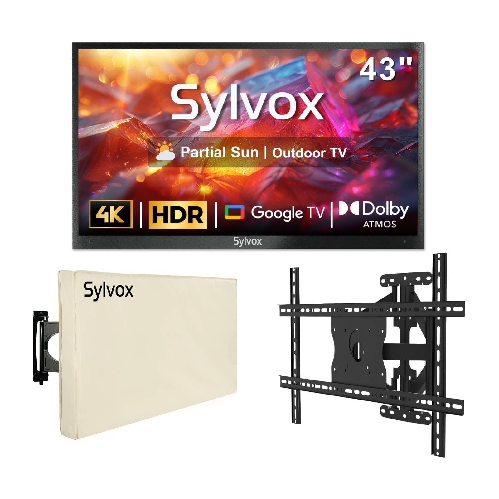 SYLVOX 43" Outdoor TV with Mount and Cover, 4K UHD Google TV for Partial Sun Outside 1000nit Brightness, IP55 Weatherproof, Dolby Atmos, Voice Remote (Deck Pro 2.0)