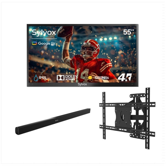 SYLVOX 55" Outdoor TV with Mount & Soundbar, 4K UHD Google TV for Partial Sun Outside 1000nit Brightness, IP55 Weatherproof, Dolby Atmos, Voice Remote (Deck Pro 2.0)