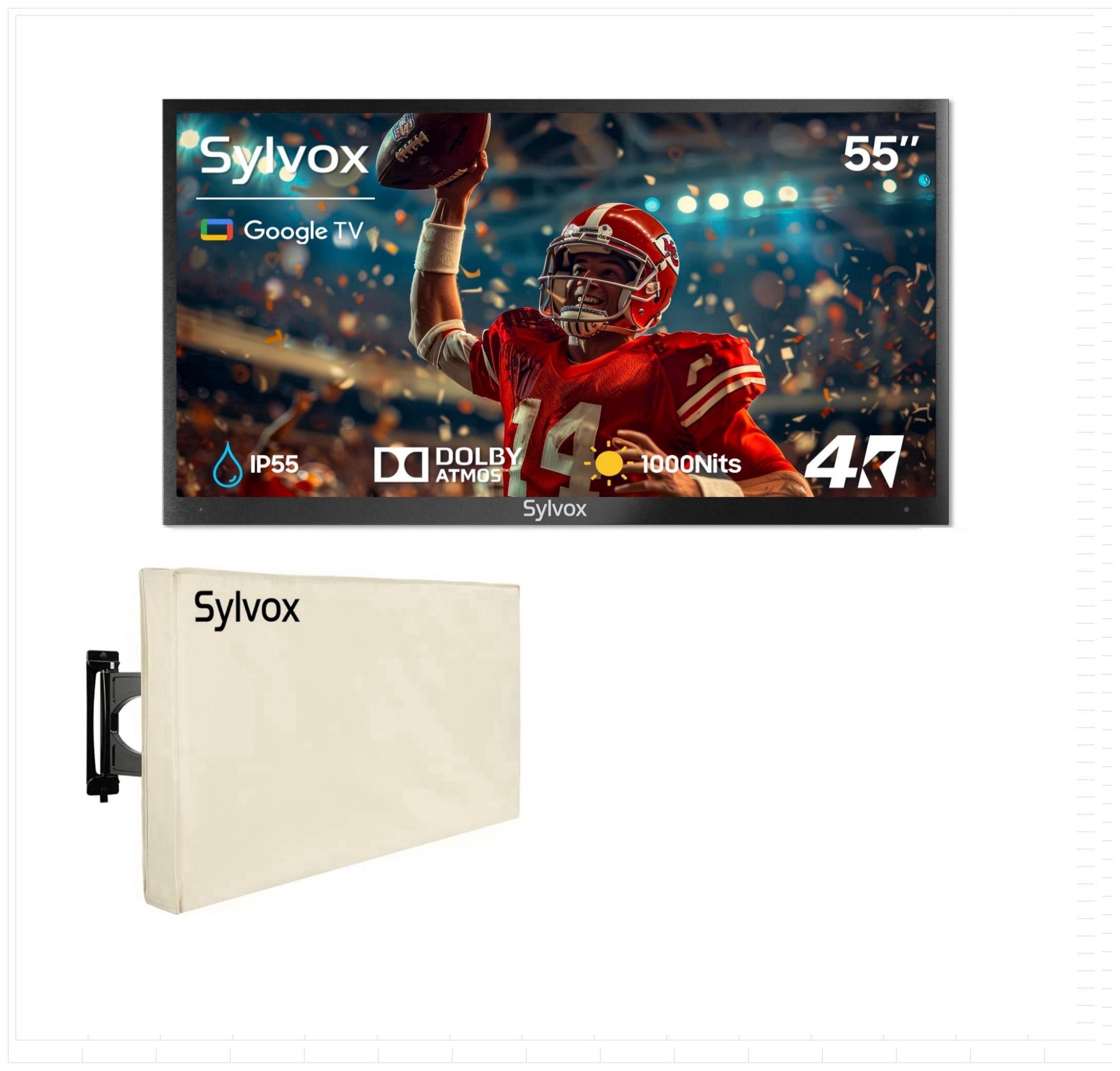 SYLVOX 55" Outdoor TV With Cover, 4K UHD Google Television for Partial Sun Outside with 1000nit Brightness, IP55 Weatherproof, Dolby Atmos, Voice Remote (Deck Pro 3.0)