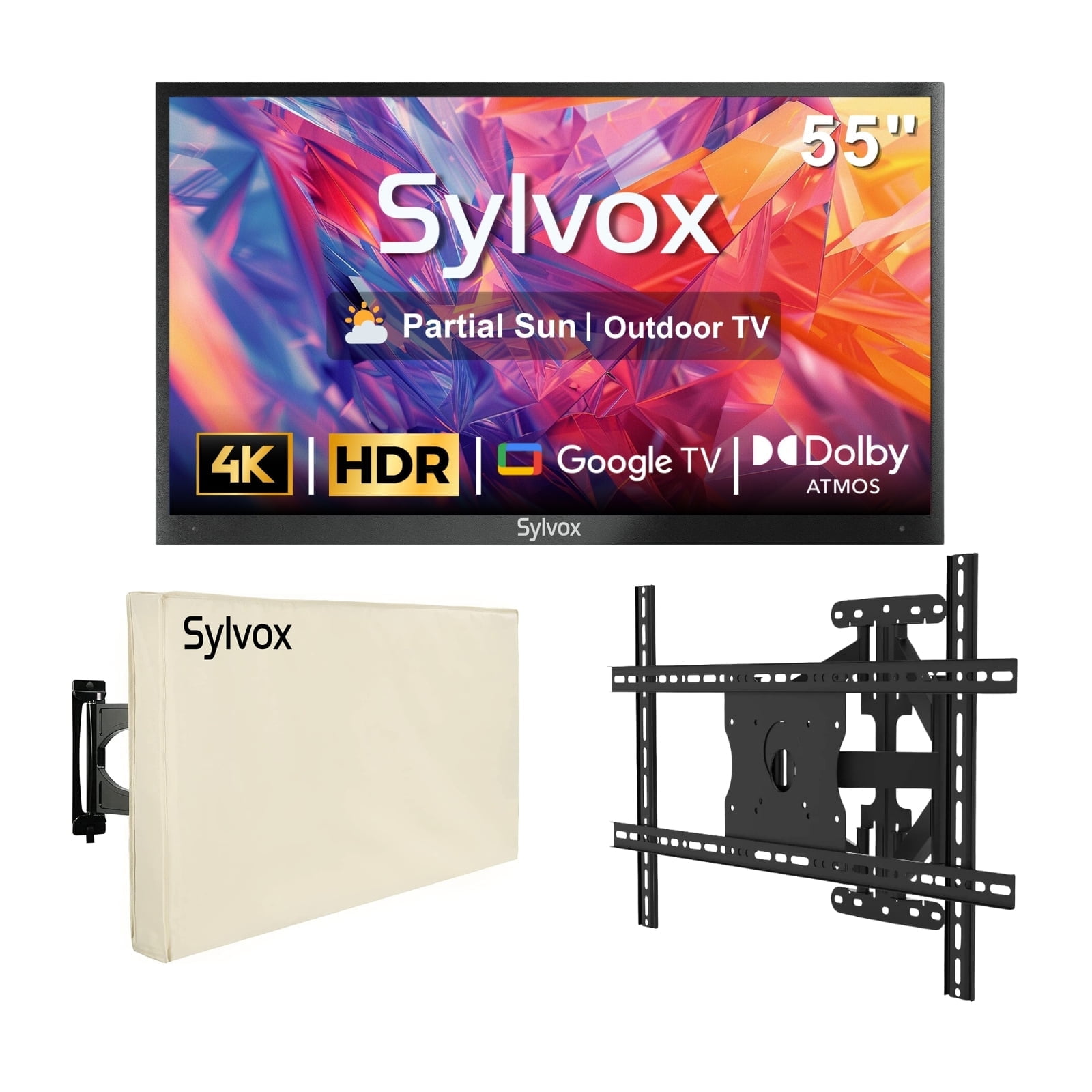 SYLVOX 55" Outdoor TV with Mount and Cover, 4K UHD Google TV for Partial Sun Outside 1000nit Brightness, IP55 Weatherproof, Dolby Atmos, Voice Remote (Deck Pro 2.0)