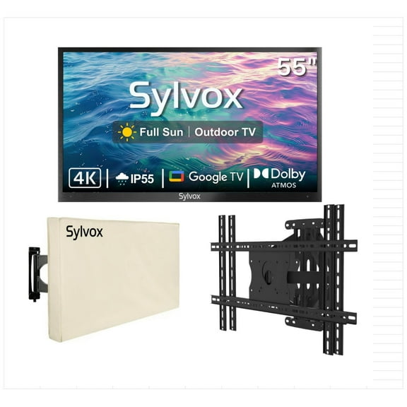 SYLVOX 55" Full Sun Outdoor TV with Mount and Cover, IP55 Weatherproof TV 2000nit Brightness, 4K UHD, Google OS, Dolby Atmos, Voice Remote (Pool Pro 2.0)
