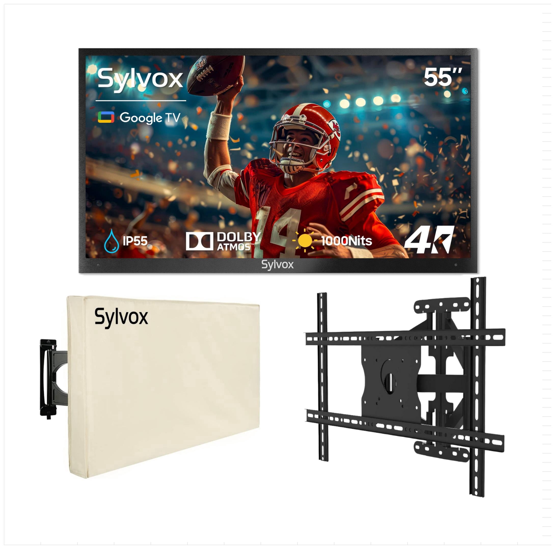 SYLVOX 55" Outdoor TV with Mount and Cover, IP55 Weatherproof TV Partial Sun 1000nit Brightness, 4K UHD, Google OS, Dolby Atmos, Voice Remote (Deck Pro 3.0)