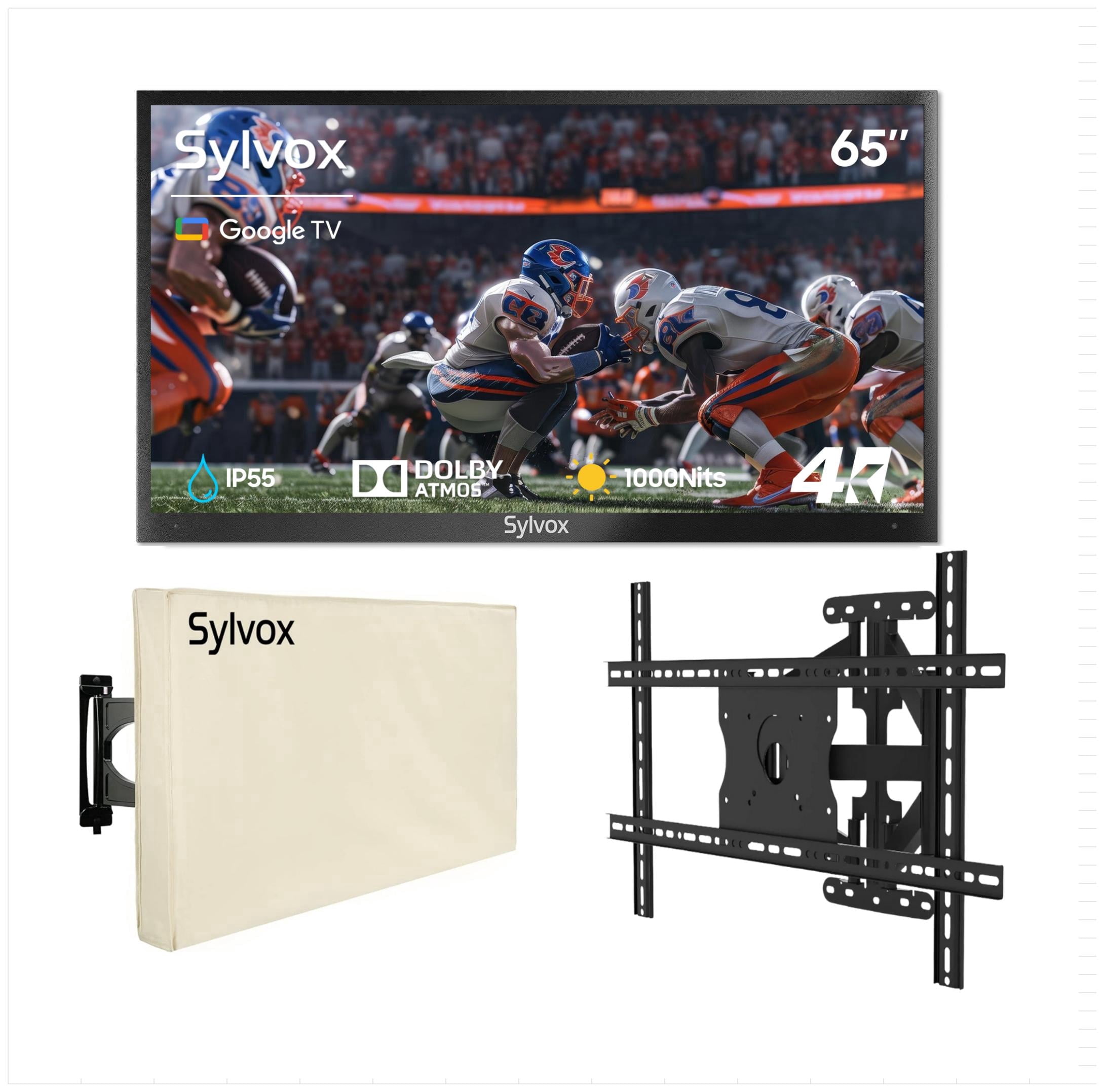 SYLVOX 65" Outdoor TV with Mount and Cover, 4K UHD Google TV for Partial Sun Outside 1000nit Brightness, IP55 Weatherproof, Dolby Atmos, Voice Remote (Deck Pro 3.0)
