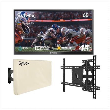SYLVOX 65" Outdoor TV with Mount and Cover, 4K UHD Google TV for Partial Sun Outside 1000nit Brightness, IP55 Weatherproof, Dolby Atmos, Voice Remote (Deck Pro 3.0)