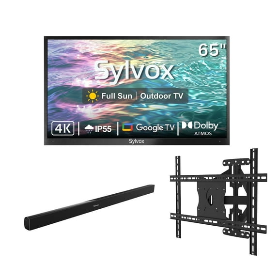 SYLVOX 65" Outdoor TV with Mount & Soundbar, IP55 Weatherproof Television, IP65 Waterproof Speaker, 4K UHD Google TV for Full Sun(Pool Pro 2.0)