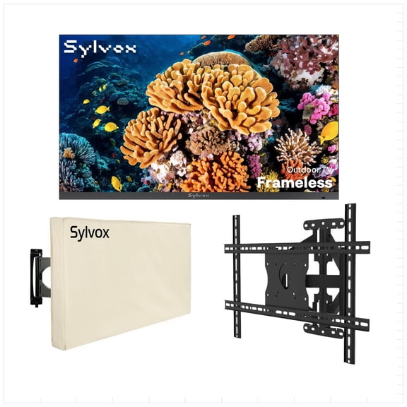 SYLVOX 55 inch Frameless Outdoor TV with Wall Mount and Cover, IP56 Waterproof, Google TV OS w/AI Wallpaper, Dolby Atmos, 1000 Nits Brightness for Partial Sun (2026 New)
