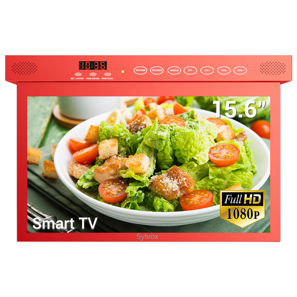 SYLVOX 15.6" Kitchen TV, 1080P FHD Under Cabinet TV, Flap Down Smart Android TV Built-in Google Play, Support Google Assistant WiFi Bluetooth Connection(Red