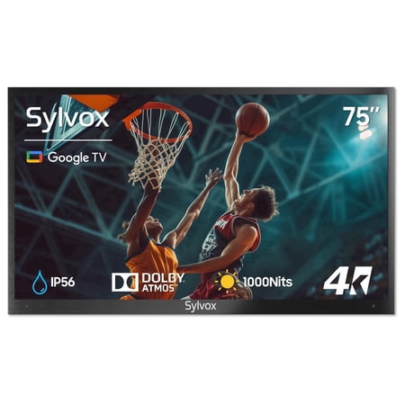 Sylvox 75" Outdoor Smart TV, 4K Uhd 1000nits with Dobly Atmos, Google TV with Voice remote, IP55 Waterproof,Google cast,Patial Sun,Deck Pro 2.0