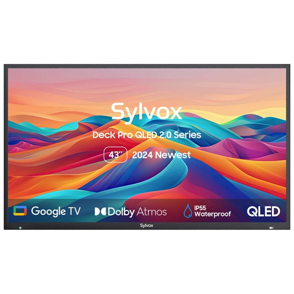 SYLVOX Outdoor TV, 43'' QLED Smart TV, Newest Google TV with Dolby Atmos, Support Google Assistant, 4K 1000nits Weatherproof TV for Partial Sun (Deck Pro QLED 2.0 New)