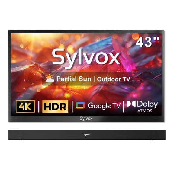 SYLVOX 43" Outdoor TV with Soundbar, 4K UHD Google TV for Partial Sun Outside 1000nit Brightness, IP55 Weatherproof, Dolby Atmos, Voice Remote (Deck Pro 2.0)