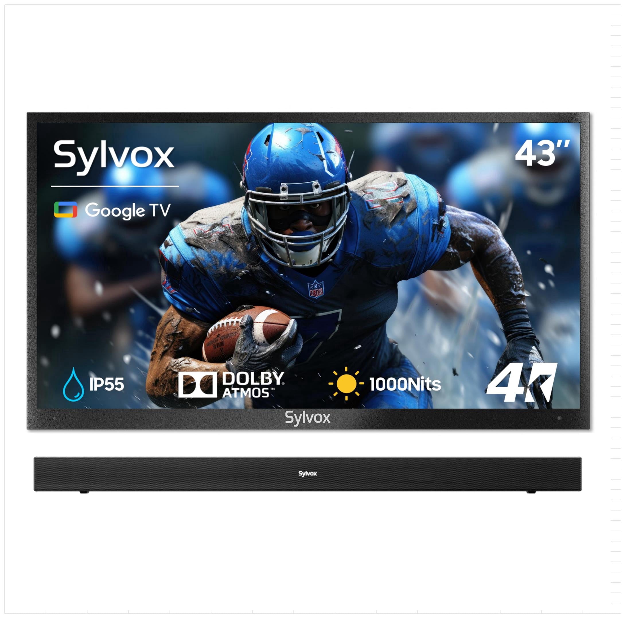 SYLVOX 43" Outdoor TV with Soundbar, 4K UHD Google TV for Partial Sun Outside 1000nit Brightness, IP55 Weatherproof, Dolby Atmos, Voice Remote (Deck Pro 3.0)