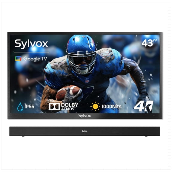 SYLVOX 43" Outdoor TV with Soundbar, 4K UHD Google TV for Partial Sun Outside 1000nit Brightness, IP55 Weatherproof, Dolby Atmos, Voice Remote (Deck Pro 3.0)
