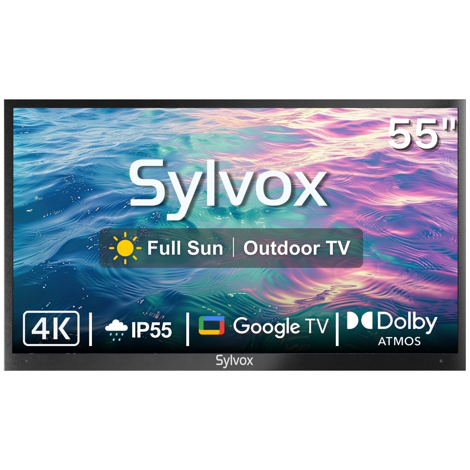 SYLVOX 55" Full Sun Outdoor TV, 4K UHD Google TV, Dolby Atmos, IP55 Weatherproof, 2000Nits Brightness WiFi Bluetooth Voice Remote (Pool Pro 2.0)